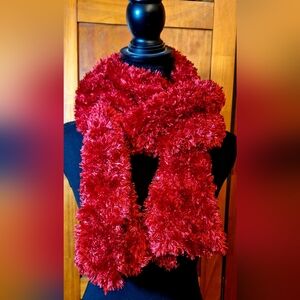 🧣RUBY RED fuzzy scarf Size 80"×9 1/2"